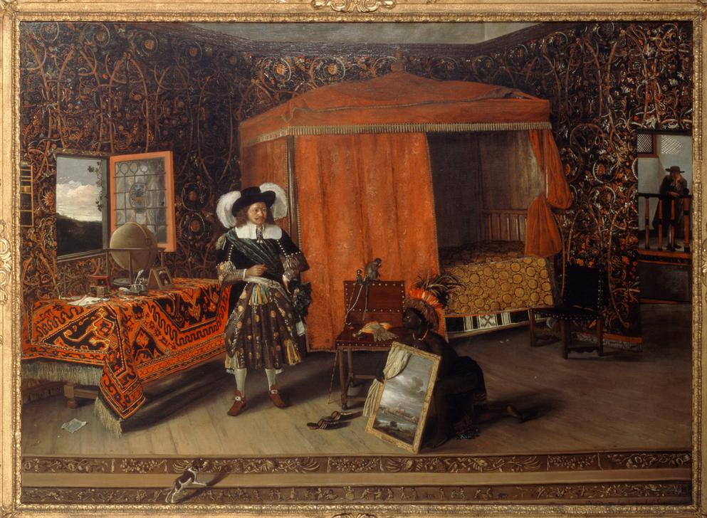 A painting of a man in fancy historical dress in a sumptuous bedroom. The walls are richly decorated, the bed is covered by orange hangings, and there is a richly patterned rug on the table in from of the window.