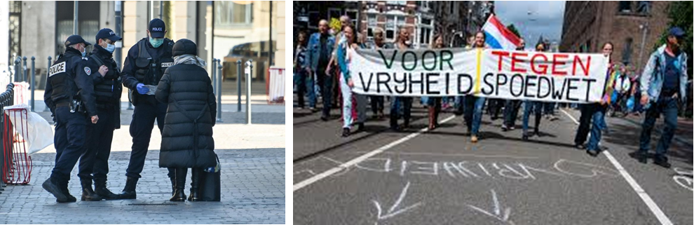 Left: three police officers wearing face masks speak with a person in a long black coat. Right: A group of people is walking on an asphalt road. Those in front hold a large banner that reads: "Voor vrijheid - tegen spoedwet" (for freedom - against emergency law). Behind them, someone holds a Dutch flag. On the asphalt, someone has written "vrijheid" (freedom).