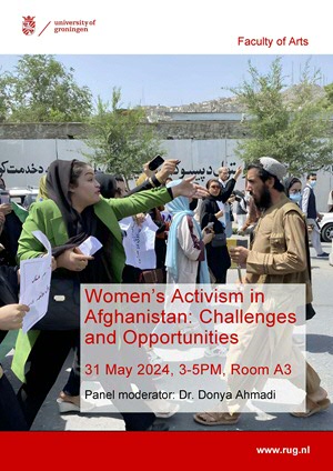 event poster with a photo of Afghan women protesting.