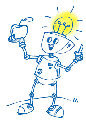 line-drawing of a robot with a light-bulb on its head holding up an apple