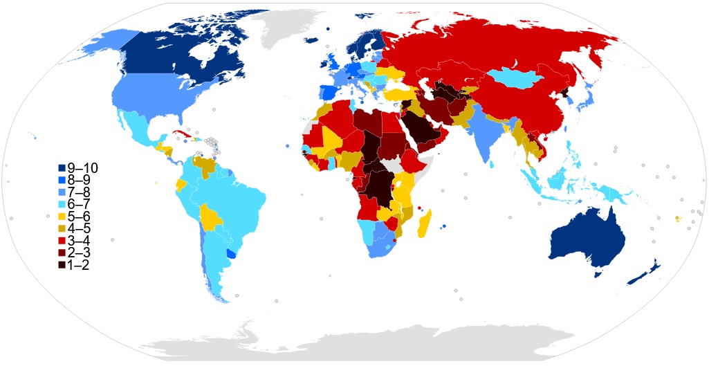 Democracy index. Scores go from dark blue for the highest to dark red for the lowest score.