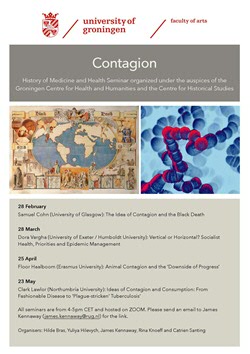 Poster with the seminar programme. There are two images: one shows a historic "Black Death" map of the world. The other is a digital rendering of blue and red microbes.