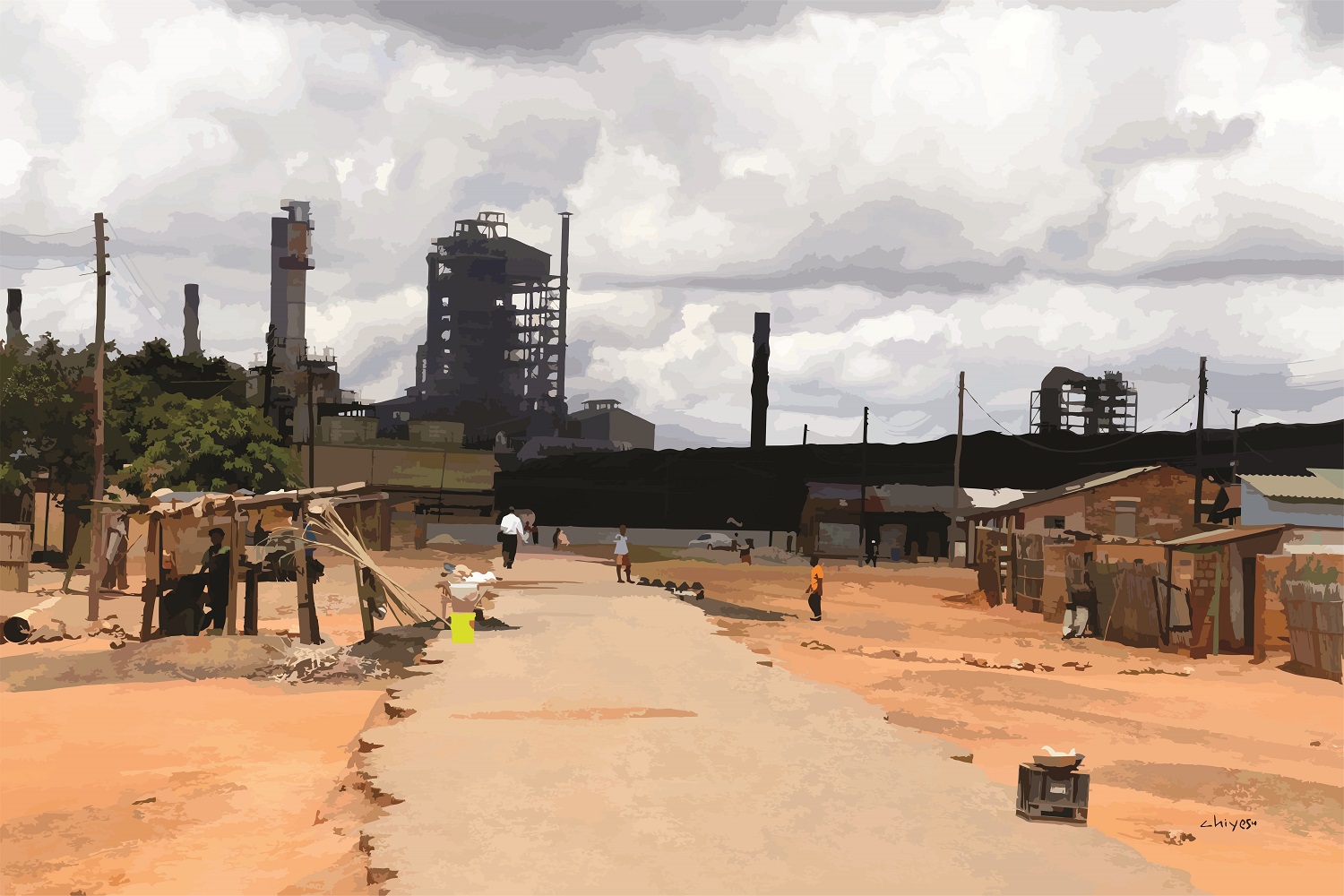 Painting of a crumbling road leading to an industrial site