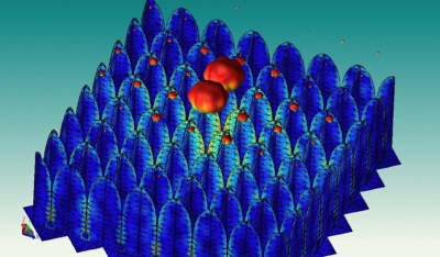 Computer model of the radiation patterns (red) of individual antennas of the Antenna Array of APERTIF. Combining these radiation patterns allows for a signiﬁcant increase of the sensitivity and ﬁeld-of-view of the WSRT.