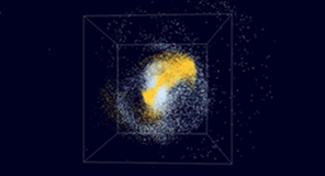 Galaxies are build up through mergers. This image is a snapshot from a simulation. One sees the fusion of a galaxy similar to the Milky Way (the stars are shown in blue) with a smaller disk-shaped galaxy (these stars are yellow). Image credit: H.H. Koppelman, A. Villalobos, A. Helmi
