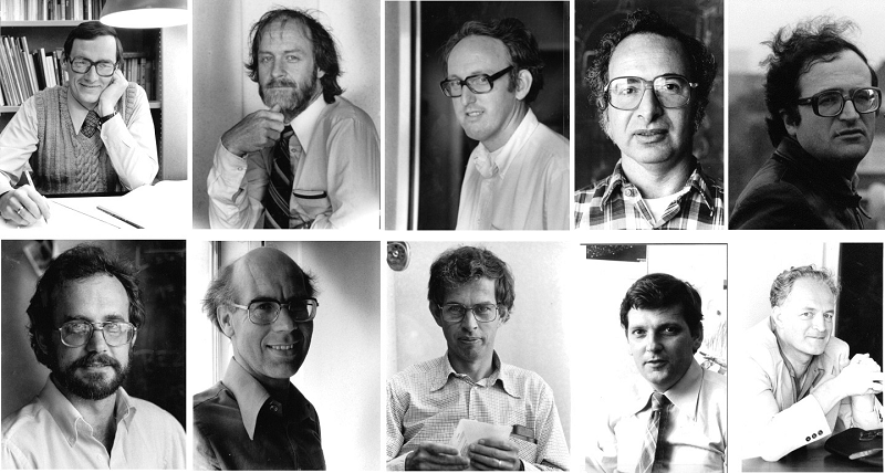 Photographs of some of the senior staff of the Kapteyn Laboratory in 1980s. Top row (from left to right): Ron Allen, Ron Ekers, Miller Goss, Stuart Pottasch, Renzo Sancisi. Bottom row (from left to right): Bob Sanders, Ulrich Schwartz, Tjeerd van Albada, Piet van der Kruit, Hugo van Woerden. From the photo-collection of the Kapteyn Astronomical Institute, produced by Seth Shostak.