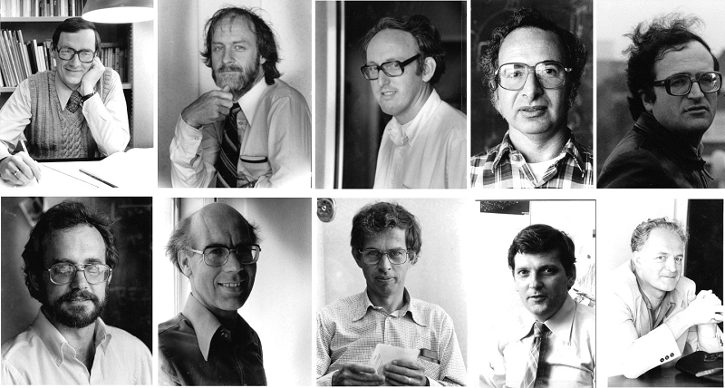 Photographs of some of the senior staff of the Kapteyn Laboratory in 1980s. Top row (from left to right): Ron Allen, Ron Ekers, Miller Goss, Stuart Pottasch, Renzo Sancisi, Bottom row (from left to right): Bob Sanders, Ulrich Schwartz, Tjeerd van Albada, Piet van der Kruit, Hugo van Woerden. From the photo-collection of the Kapteyn Astronomical Institute, produced by Seth Shostak.