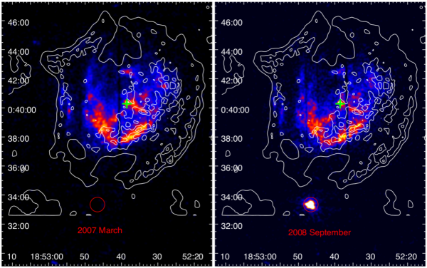 Image of the supernova remnant Kesteven 79 and the newly discovered magnetar, 3XMM J185246.6+003317, in X-rays obtained with the XMM-Newton telescope. The supernova remnant, a hot expanding gas shell produced by the explosion of a star at the end of its life, is the extended source at the center of the image. Since X-rays are invisible to the human eye, the brightness of the gas in X-rays is represented by the colors blue, red and yellow. The white contours represent the brightness of the remnant in radio, at a wavelength of 21 cm, measured with the Very Large Array radio telescopes located in New Mexico, US. The red circle and the green cross indicate the location of the transient magnetar and the anti-magnetar, respectively. The transient magnetar was not present in the 2007 image (left), but appears in the 2008 image (right).