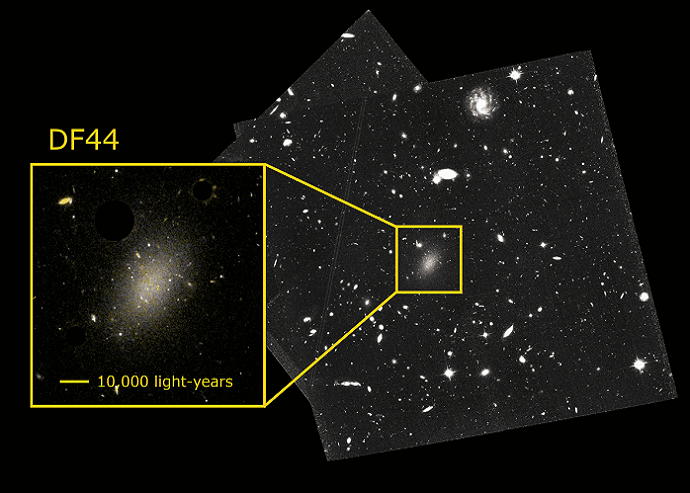 Image and amplification (in colour) of the ultra-diffuse galaxy Dragonfly 44 taken with the Hubble space telescope. Credit: Teymoor Saifollahi