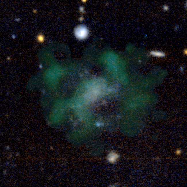 Het sterrenstelsel AGC 114905. De stellaire emissie van het sterrenstelsel is in blauw weergegeven. De groene wolken tonen het neutrale waterstofgas. Het sterrenstelsel lijkt, ook na veertig uur meten met extra goede telescopen, geen donkere materie te bevatten. (c) Javier Román & Pavel Mancera Piña
