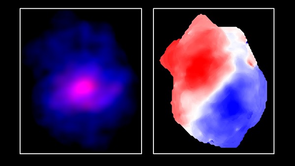 Links het jonge sterrenstelsel ALESS 073.1 waarbij blauw gas is en paars stof. Rechts de beweging van gas. Blauw is gas dat naar ons toe beweegt. Rood is gas dat van ons af beweegt. Er lijkt dus sprake van een draaiende schijf. (c) ALMA/Lelli et. al