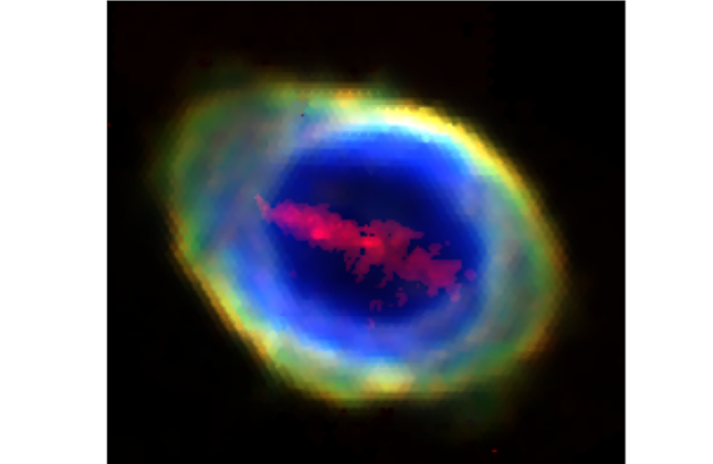 Beeld van de Ringnevel bestaande uit vier WEAVE/LIFU-emissielijnbeelden.