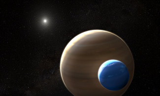 This artist’s impression depicts the exomoon candidate Kepler-1625b-i, the planet it is orbiting and the star in the centre of the star system. Kepler-1625b-i is the first exomoon candidate and, if confirmed, the first moon to be found outside the Solar System. Like many exoplanets, Kepler-1625b-i was discovered using the transit method. Exomoons are difficult to find because they are smaller than their companion planets, so their transit signal is weak, and their position in the system changes with each transit because of their orbit. This requires extensive modelling and data analysis. Credit: NASA, ESA, and L. Hustak (STScI)