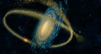 Galaxies are build up through mergers. This is an artist impression of a galaxy eating a small satelite galaxy. The individual stars will be smeared into streaks on the sky, called stellar streams. Identifying stellar streams allows us to reconstruct the formation history of the Milky Way. Image credit: Jon Lomberg