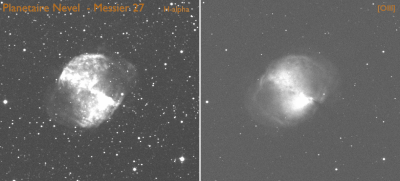 Shooting in the Dumbbell Nebula (M27) in two colours: H-alpha (deep red) and OIII (blue-green). THe H-alpha recording reveals the presence of hydrogen and the oxygen recording reveals the presence of oxygen.