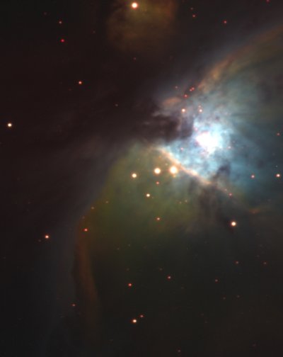 A recording of the Orion Nebula through 3 'narrowband' filters: 5x8 minutes though the [SII] filter (red), 7x8 minutes though the H-beta filter (green), and 5x8 minutes through the [OIII] filter (blue).