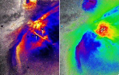 The left image shows the relationship between the brightness of the H-alpha and the H-beta emission lines; light yellow indicates a high intensity and dark blue a low intensity. This ratio is a measure of the amount of dust present between the observer and the glowing hydrogen gas in the mist. The right picture shows the ratio between the brightness of the [OIII] and the H-beta emission lines and is a measure of the ionization degree of the gas.