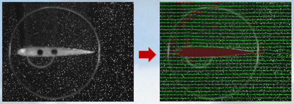 Wing profile in PIV setup to map the velocity field and vector diagram of the velocity field after PIV analysis