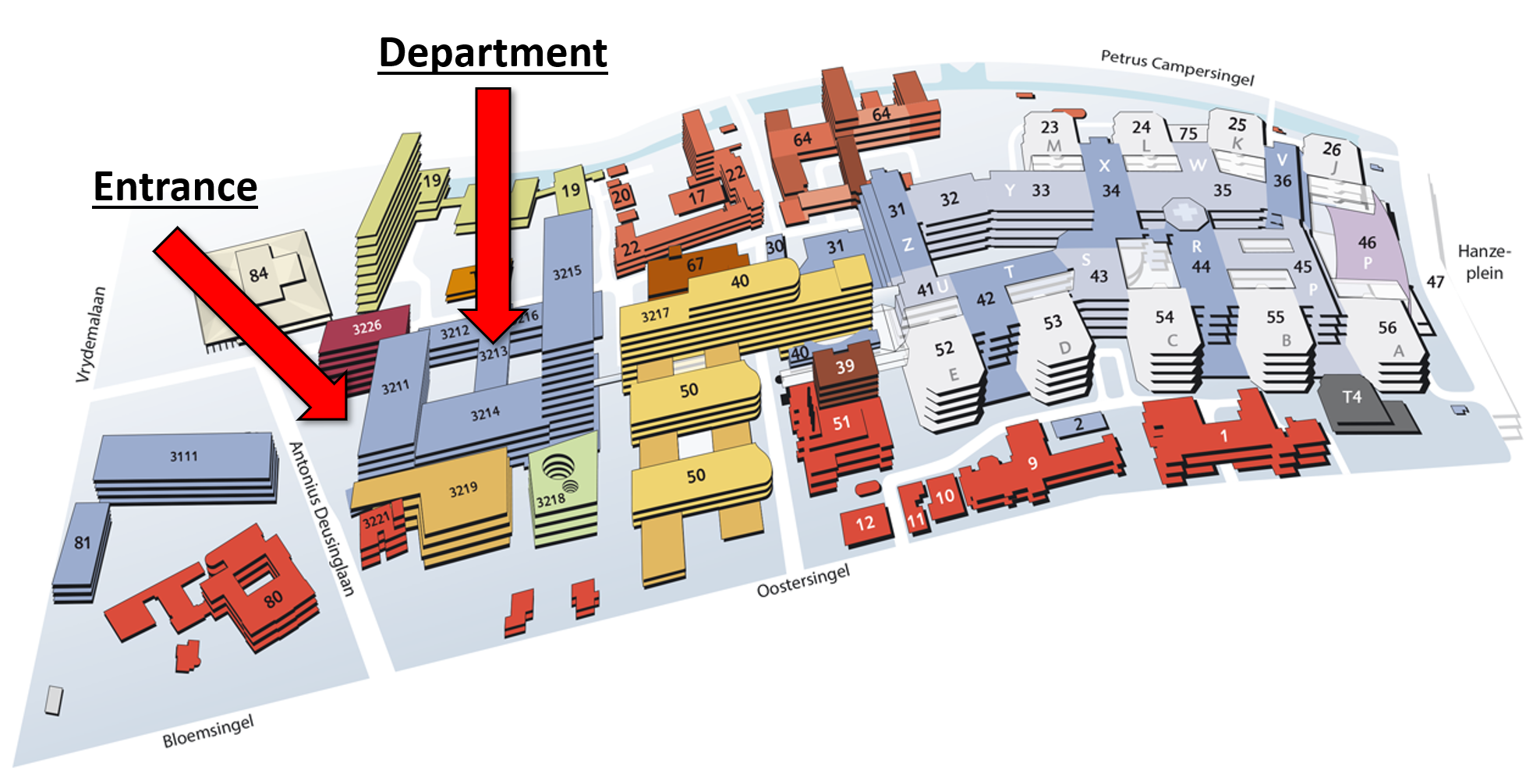 Our department is located on the 1st and 2nd floor of building 3213. Please use the direction arrows in the building for navigation purposes.