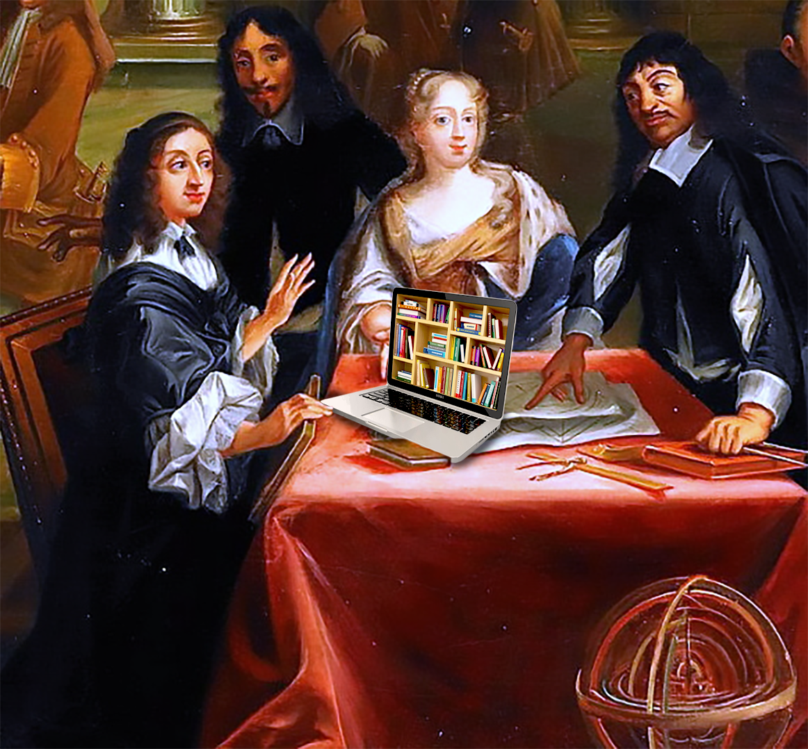 Painting of René Descartes and Christina of Sweden, with a laptop edited in