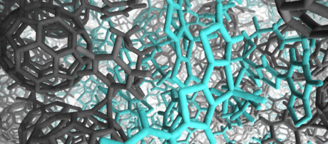 Snapshot of an atomistic simulation of the molecular packing in a fullerene-polymer blend used for OPV
