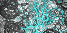 Snapshot of an atomistic simulation illustrating the molecular packing in a fullerene-polymer blend used for OPV