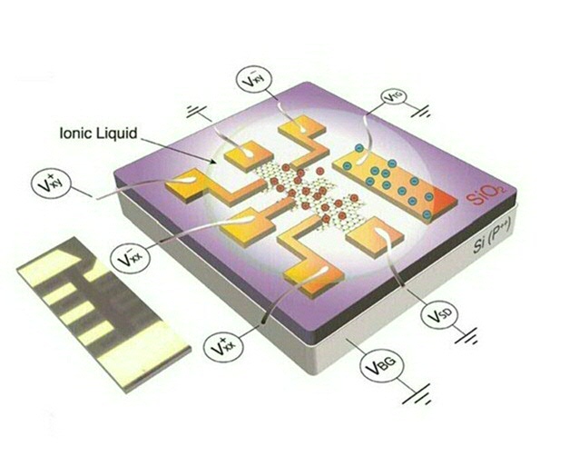 Schematic illustration of a WS2 monolayer transistor gated with both ion liquid VTG and solid back VBG gates