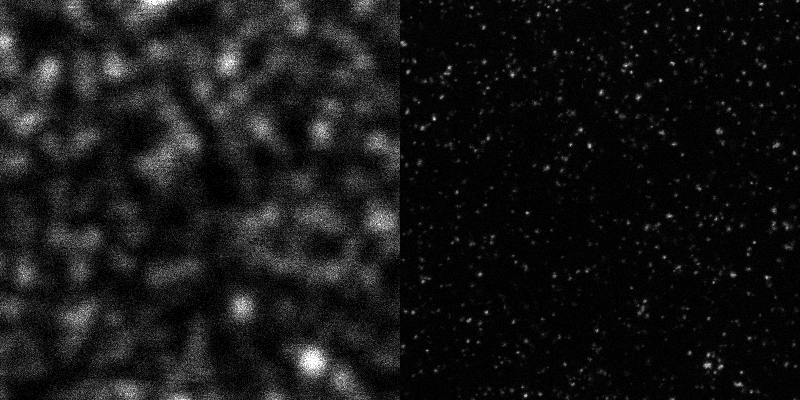 Comparison of a confocal measurement and a STED measurement of the same beads sample.