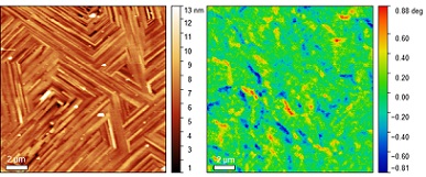 (left) AFM topographical image and (right) correspondent low-temperature MFM phase of a CaFe2O4 thin film on TiO2 substrate collected at 12 K.