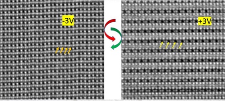 Electron microscope images on the electrode layer of (La,Sr)MnO3 in direct contact with the ferroelectric Hf0,5Zr0.5O2: left sample with oxygen atoms (some indicated with arrows), right sample with many oxygen vacancies (some indicated with arrows).