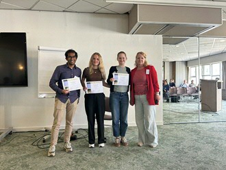 Ayush Gupta (Banerjee Lab), Fleur Veen (Hoekstra Lab), and Julia Kraft (Protesescu Lab) from left
