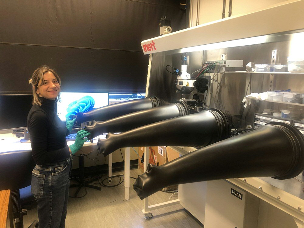 Anna making a new van der Waals heterostructure stack using our assembly stage in a glove box (2023).