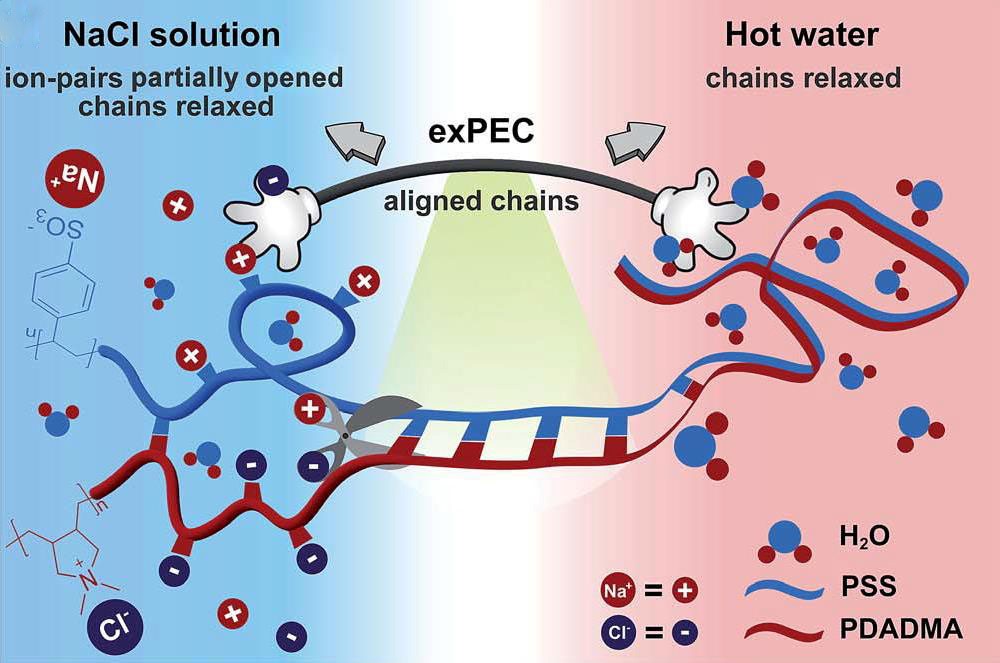 Schematic interplay between PSS/PDADMA chains and salt water (ref: DOI: 10.1039/C4RA08733J)