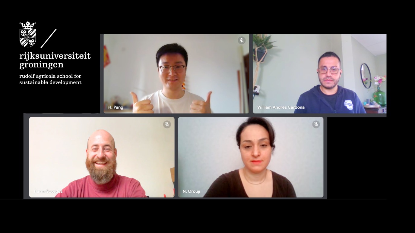 William Andrés Cardona, Nafiseh Orouji, Harm Heye Coordes, and Huiyuan Pang! Huiyuan Pang, William Andrés Cardona, Nafiseh Orouji and Harm Heye Coordes during the online ceremony