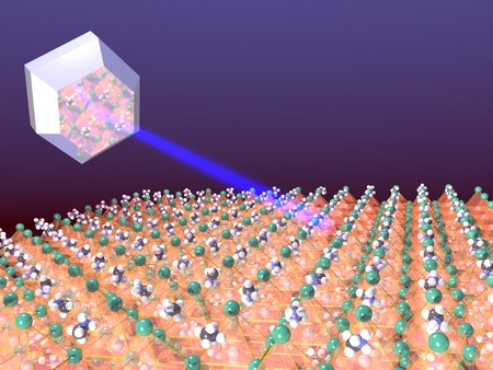 Blue laser light exciting a single crystal of hybrid perovskite (upper left), with a representation of the surface below | Illustration Arjen Kamp