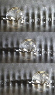 A glycerol droplet travels along with the wave. Small particles in the droplet visualize the internal fluid flow. | Illustration De Jong et al., Sci. Adv. 2019;5: eaaw0914
