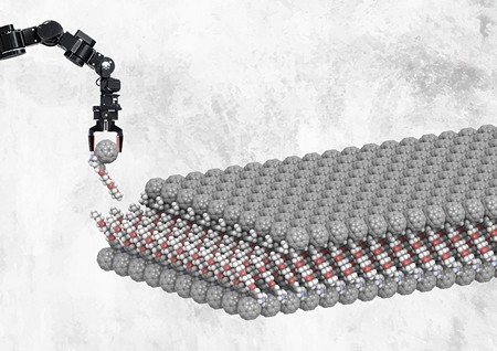 Artist’s impression of a self-assembled layer of functionalized buckyballs. The fullerenes attach to the metal surface, and the glycol-ether tails induce self-assembly of a bilayer.The paper describes how the upper layer is replaced by spiropyrans connected to a glycol-ether tail. | Illustration: Xinkai Qiu