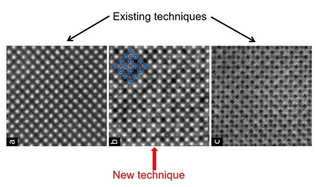 This picture shows three images of titanium hydride. Only the middle one, made with the new TEM, shows both titanium and hydrogen atoms. | Photo University of Groningen