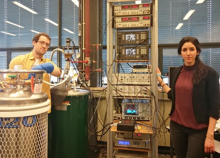 First author Talieh Ghiasi (right) and second author Alexey Kaverzin at the laboratory of Physics of Nanodevices, Zernike institute for Advanced Materials. | Photo University of Groningen