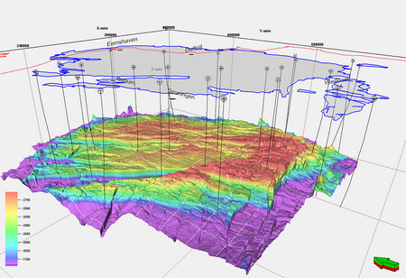 A map illustrating the extent of the Groningen Gas Field in the subsurface. Colours represent depth of the reservoir rocks in meters. | Illustration Sebastian Mulder.