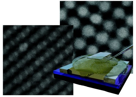Electron microscope images showing two of the ordered structures formed in the experiments. Atoms inside the quantum dots are resolved by the microscope and it can be seen that they are aligned throughout adjacent dots. A model of the device used for the measurement of the electronic properties is shown in the bottom right. The superlattice lies between two electrodes while an ionic gel on top (gate electrode) is used to accumulate carriers in the active material.