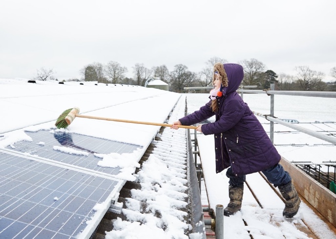 Meisje veegt sneeuw van zonnepanelen