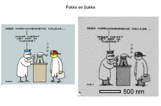 The original cartoon and the nanoscale version made by RUG-scientist Willem van Dorp. The text reads: 'Very impressive, colleague. But will it also work in theory?'
