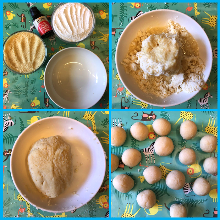 1. 1 deel amandelmeel, 1 deel poedersuiker, een scheutje water en een paar druppels rozenwater (rozenwater is heel sterk, dus doe voorzichtig!) | 2. Meng alle ingrediënten | 3. Maak een mooie deegbal, hier kun je figuurtjes van maken | 4. Klaar!
