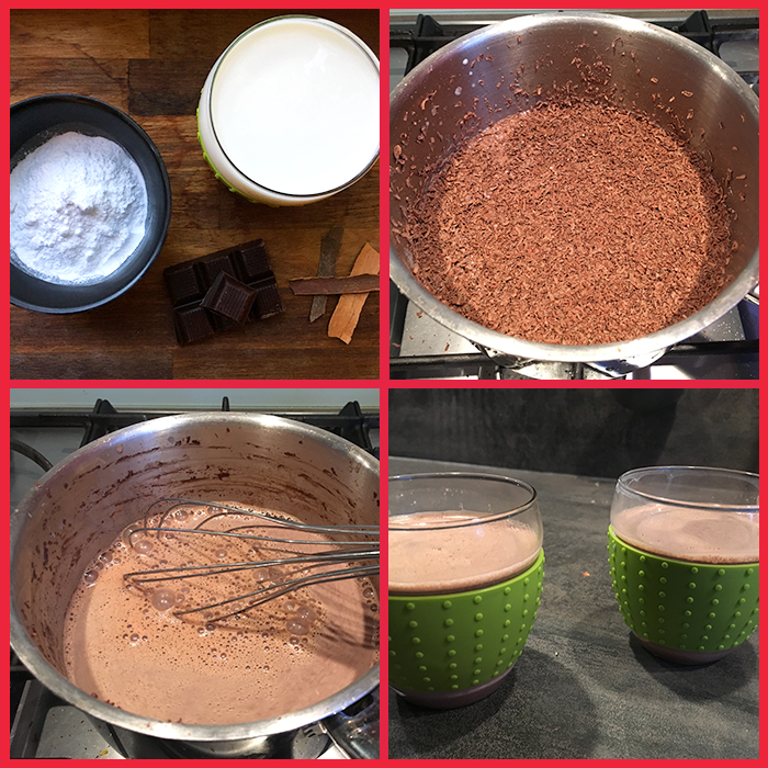 1. 50 gram pure chocola, 25 gram poedersuiker, 400 ml volle melk, 2 snufjes kaneel, eventueel: oranjebloesemwater | 2. rasp de chocola en verwarm alle ingrediënten op middelhoog vuur | 3. klop met een garde voor een schuimlaag | 4. Klaar!