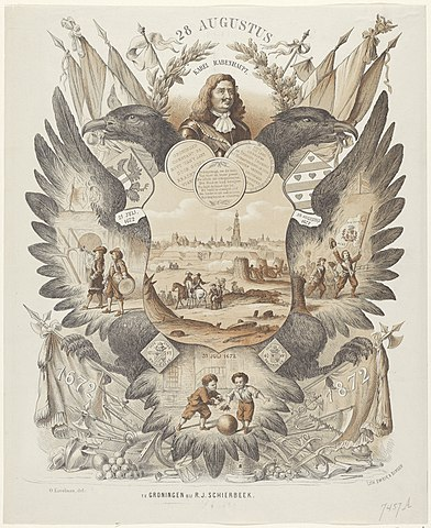 Otto Eerelman, toonlithografie, Gedenkplaat bij viering 200 jaar ontzet van Groningen 1672-1872, uitgeverij Rudolph Jacob Schierbeek, 1872, Rijksmuseum, CC0 1.0