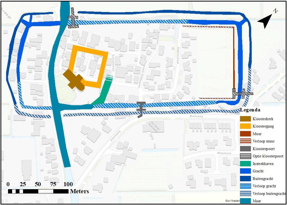 Afbeelding 3: Indeling van het kloostercomplex op basis van de metingen en het literatuuronderzoek