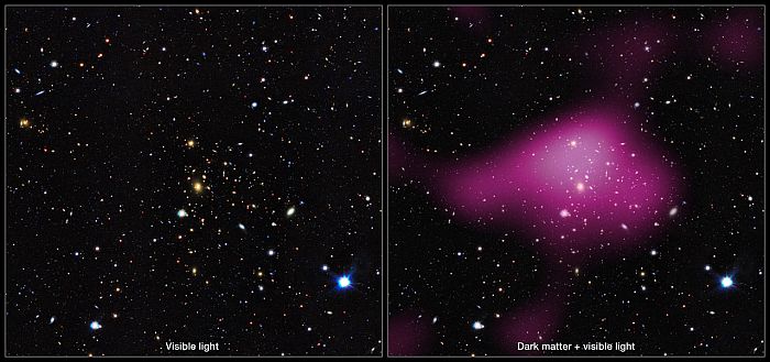 Left: An area of sky mapped by KiDS. Right: The same area, but with the invisible dark matter rendered in pink. Credit: Alex Tudorica and Catherine Heymans (Kilo-Degree Survey Collaboration)