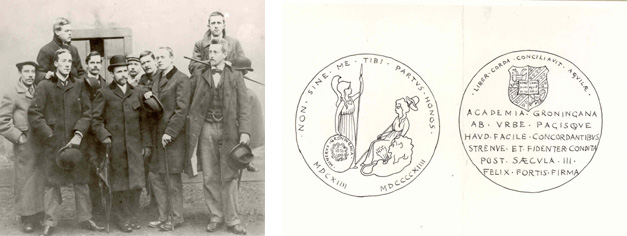 Left: Huizinga and a group of students. Right: design for a Groningen University medal by Huizinga