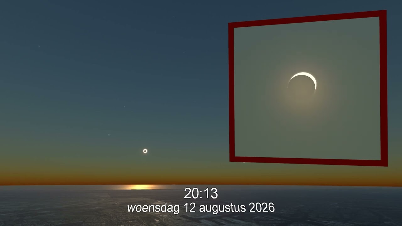 Deze animatie laat de gedeeltelijke zonsverduistering van 12 augustus 2026 zien. Op het hoogtepunt &ndash; 20.11 uur &ndash; bedekt de maan de zon voor 88 procent. (c) E&S Digistar/astronomie.nl